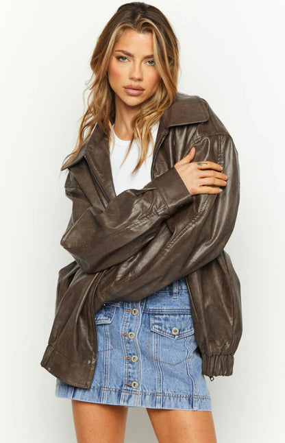 Women's Brown Oversized Faux Leather Jacket Loose Fit