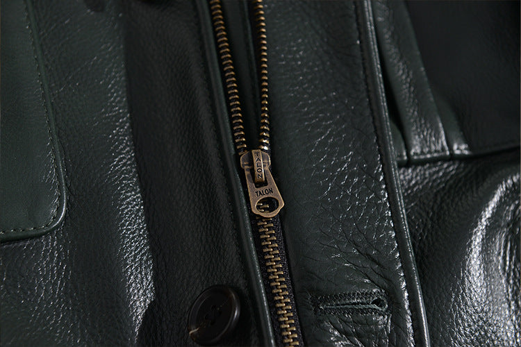 Men Green Tumbled Cowhide Military Leather Jacket