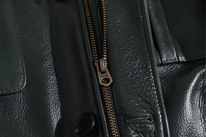 Men Green Tumbled Cowhide Military Leather Jacket