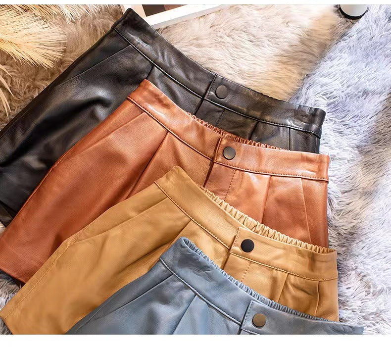 Genuine sheepskin high waisted leather shorts