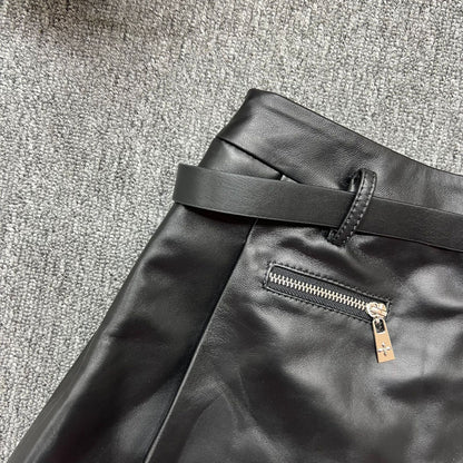 High waist black sheepskin leather skort shorts with belt