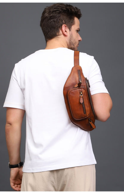 Vegetable tanned cowhide leather chest sling crossbody bag