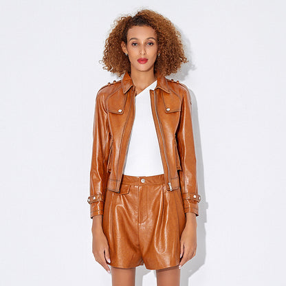 Genuine brown leather slim fit biker jacket