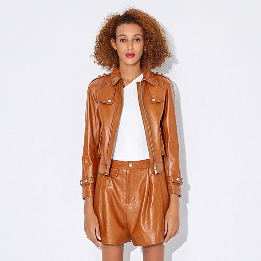 Genuine brown leather slim fit biker jacket