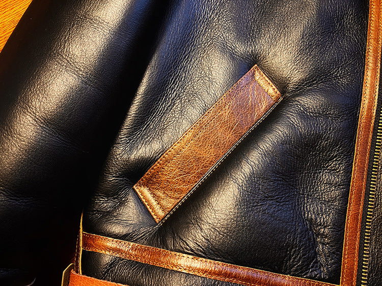 Black shearling leather aviator jacket men