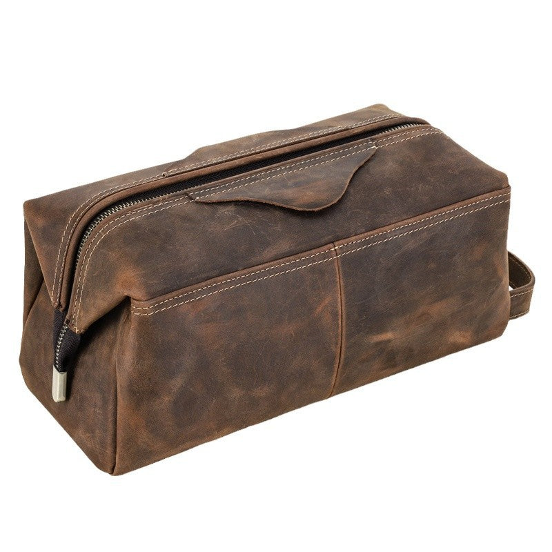 Large Leather Toiletry Bag in Distressed Brown for Travel