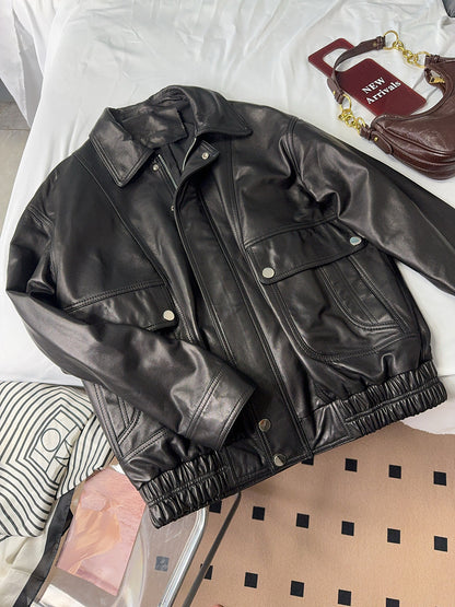 Women Loose Fit Genuine Leather Flight Jacket