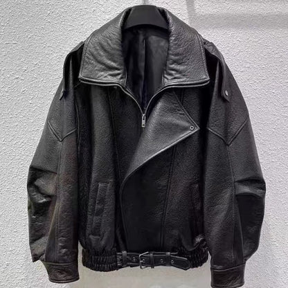 Oversized women genuine leather biker jacket