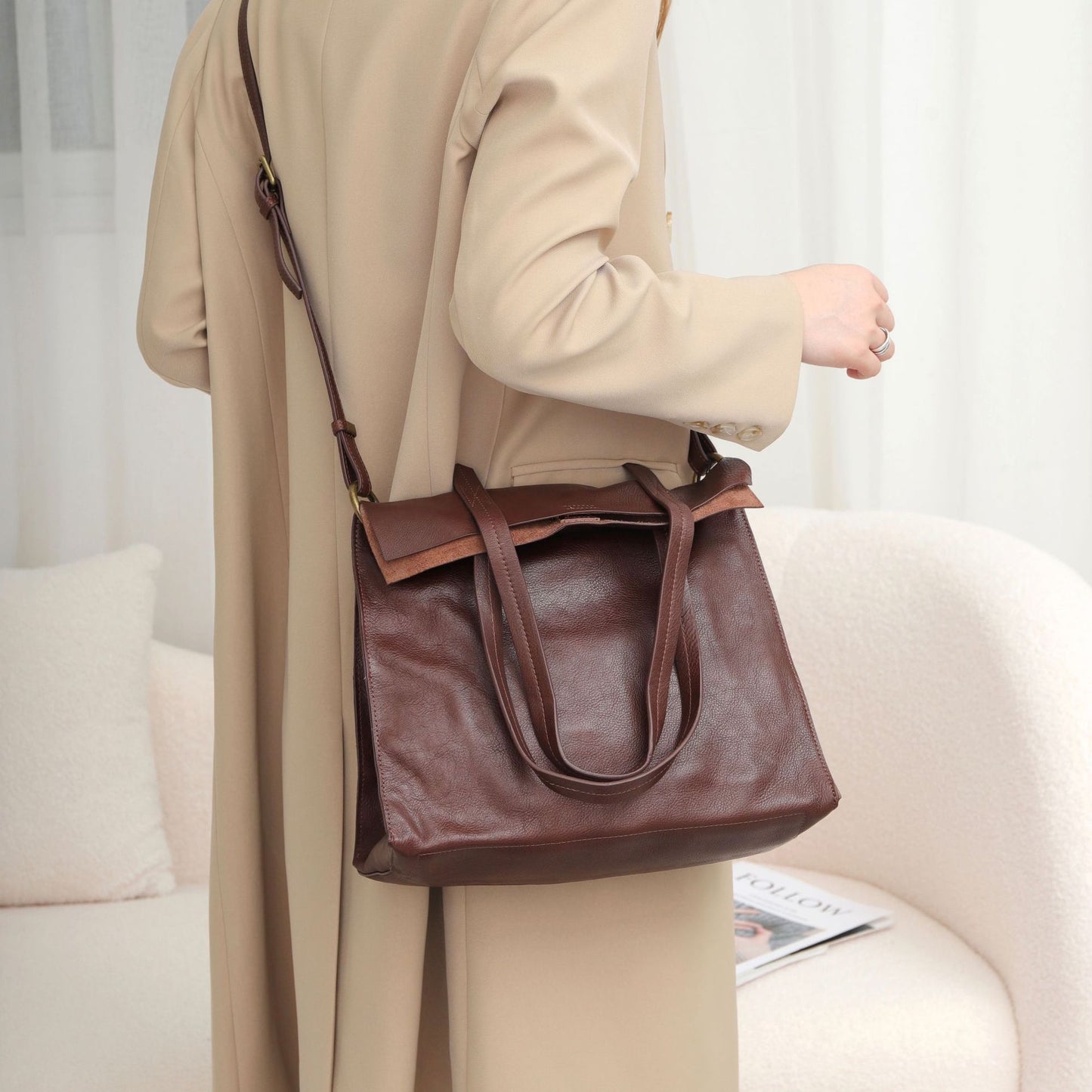 Women Genuine Leather Bucket Shoulder Tote Bag