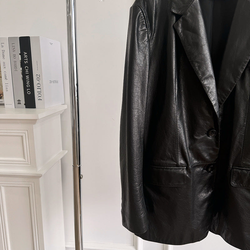 Women Oil-Waxed Loose Fit Genuine Leather Jacket