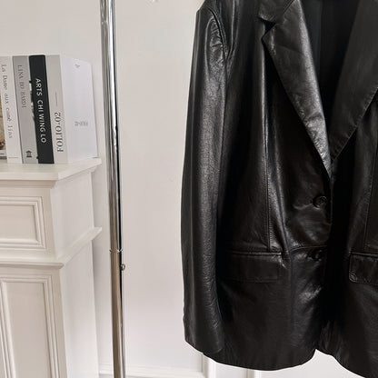 Women Oil-Waxed Loose Fit Genuine Leather Jacket