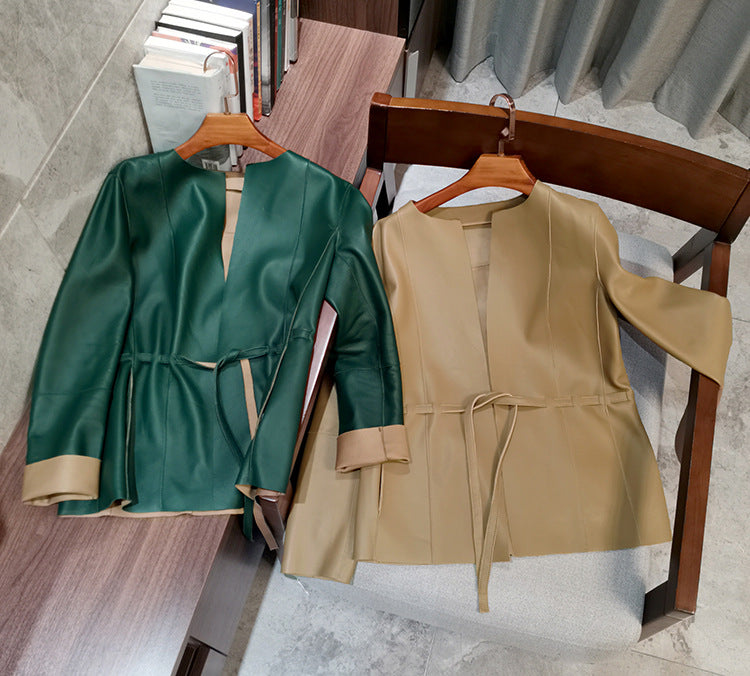 Women round neck sheepskin leather blazer jacket