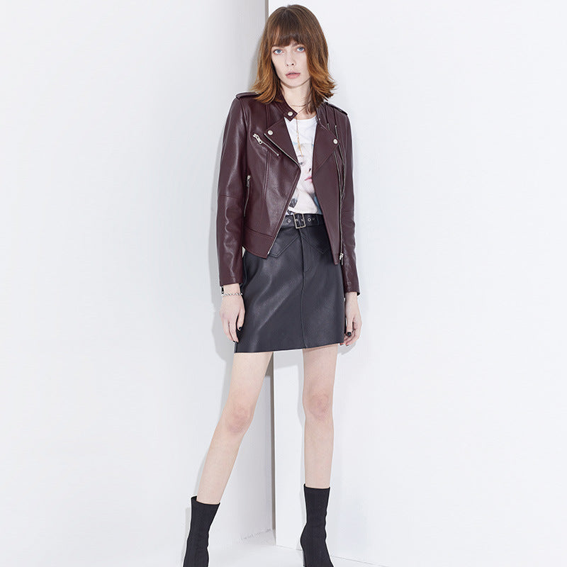 Women slim fit cropped leather biker jacket