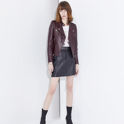 Women slim fit cropped leather biker jacket