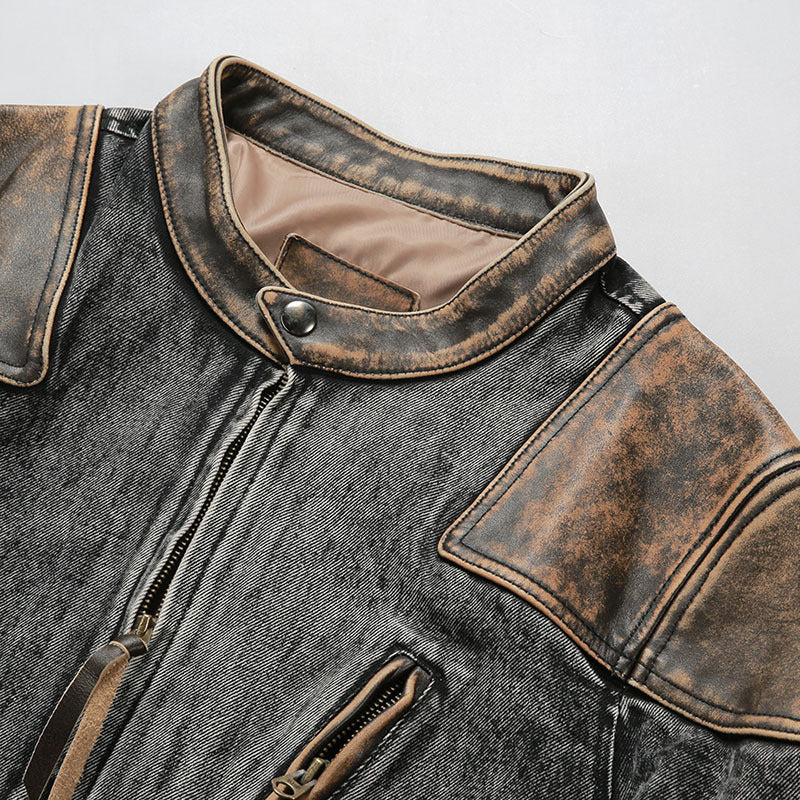 Retro venom denim real leather jacket