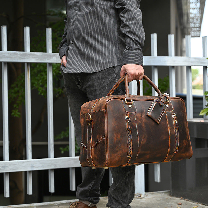 Crazy horse leather men travel duffle bag