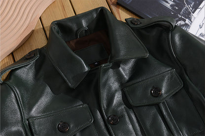Men Green Tumbled Cowhide Military Leather Jacket