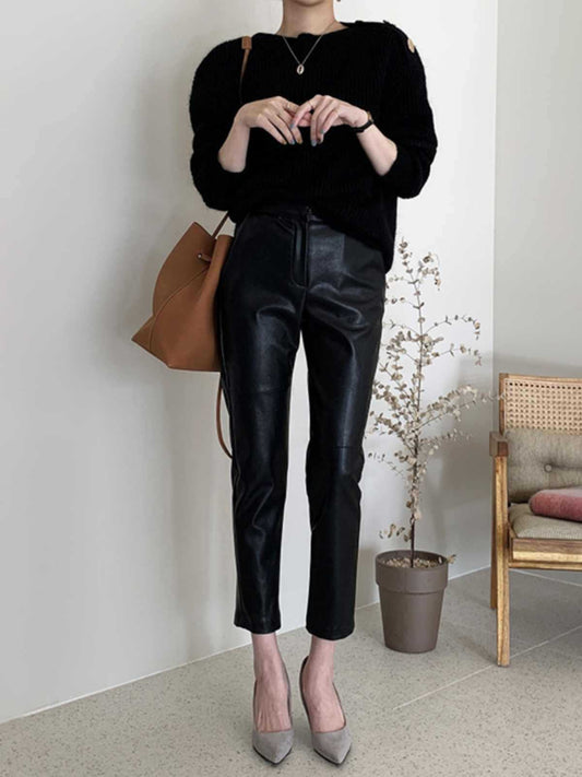 Women faux leather petite leg pants