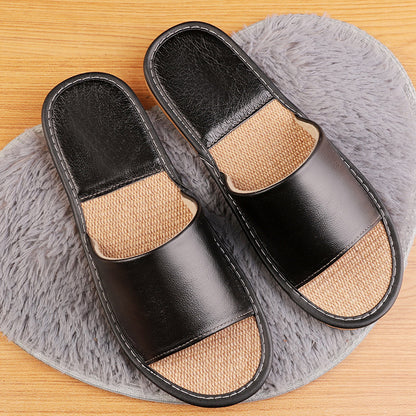 Women's Leather Slippers with Breathable Linen Insole for Indoor Wear