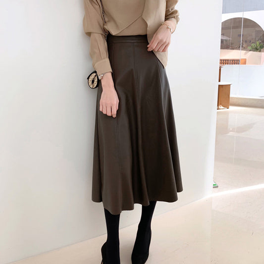 Genuine leather high waisted wide swing skirt