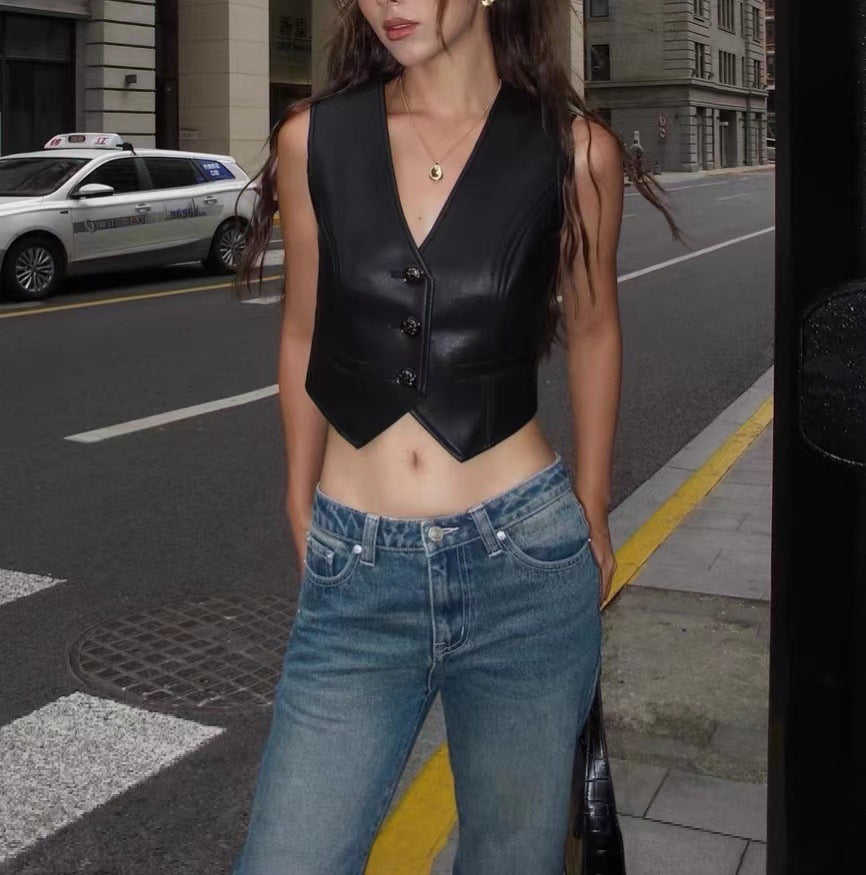 Black women leather waistcoat vest