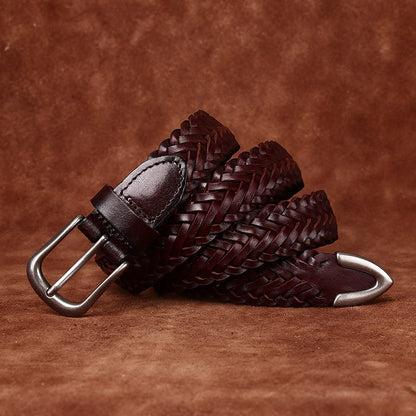 Womens Woven Belt in Top-Grain Leather with Pin Buckle