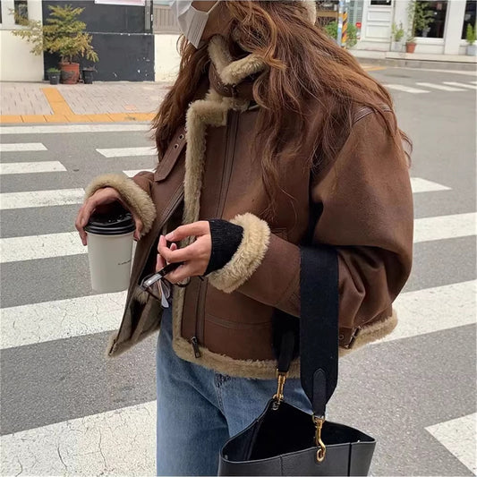 Women Brown Leather Aviator Jacket Oversized
