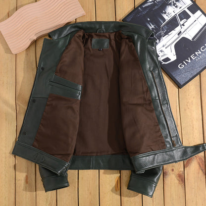 Men Green Tumbled Cowhide Military Leather Jacket