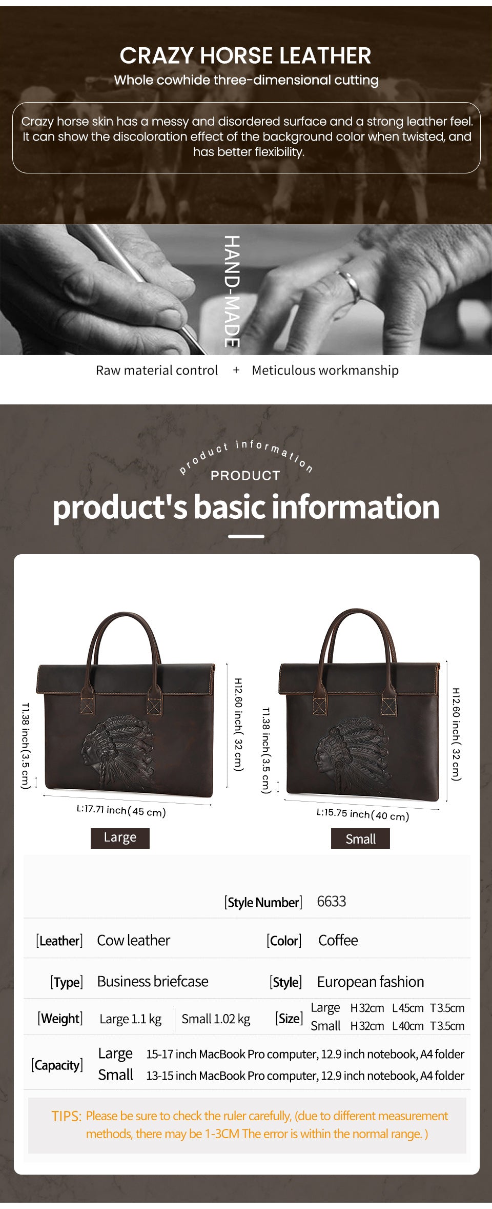 Retro crazy horse leather briefcase for work