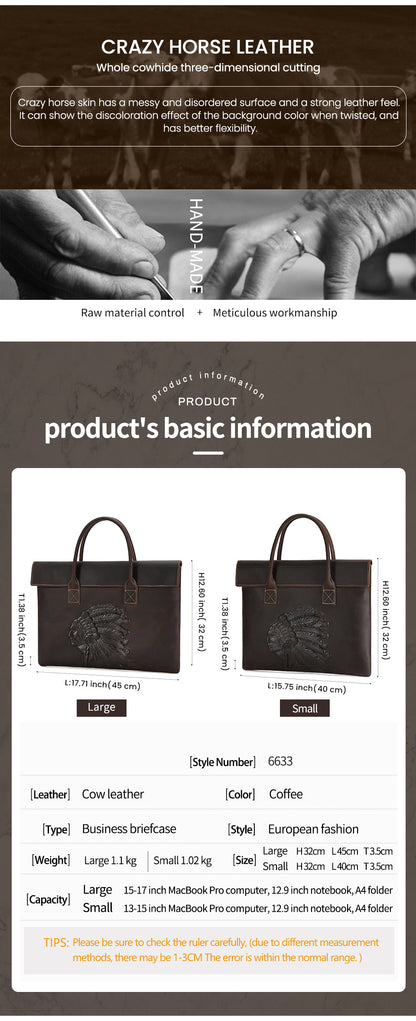 Retro crazy horse leather briefcase for work