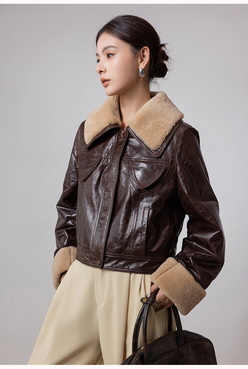 Women shearling collar oil-waxed down leather jacket