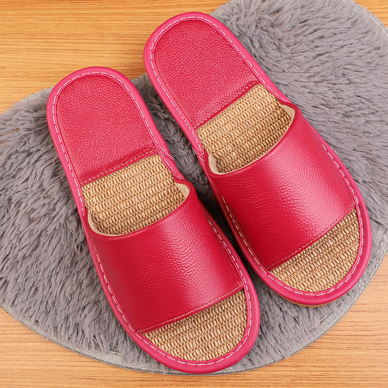 Women's Leather Slippers with Breathable Linen Insole for Indoor Wear