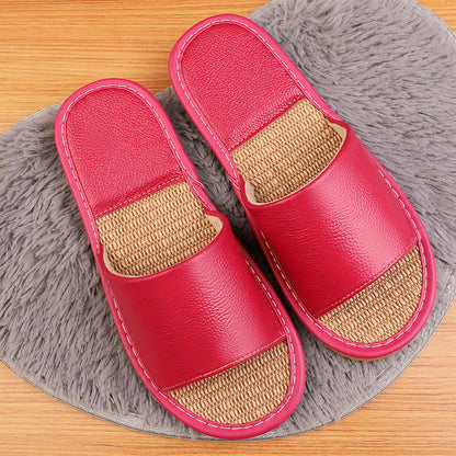 Women's Leather Slippers with Breathable Linen Insole for Indoor Wear