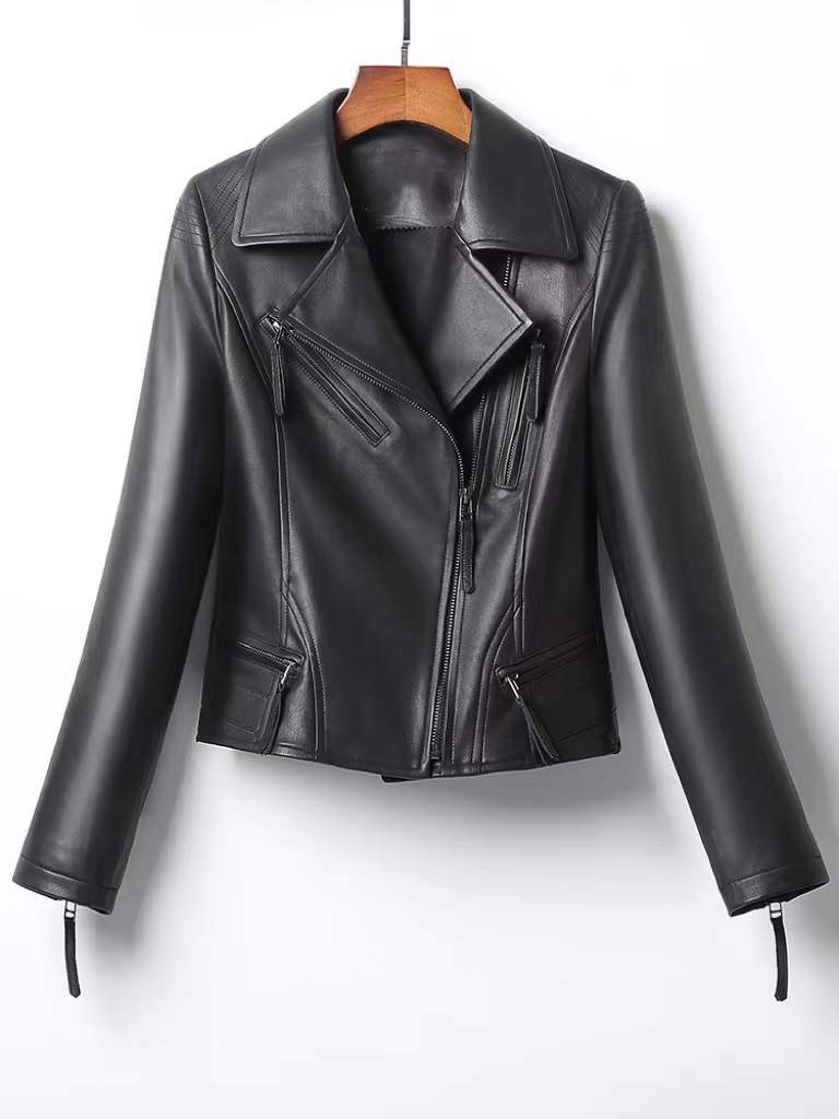 Women Slim Fit Genuine Leather Moto Jacket