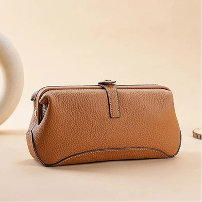 Women's Leather Cosmetic Bag with Wide Opening in Brown