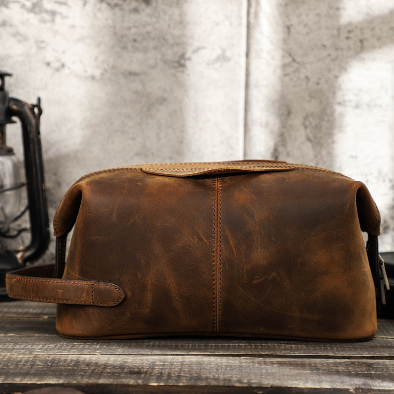 Men's Leather Toiletry Kit in Distressed Brown for Travel