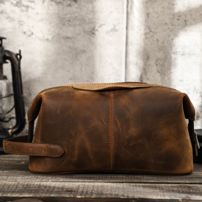 Men's Leather Toiletry Kit in Distressed Brown for Travel
