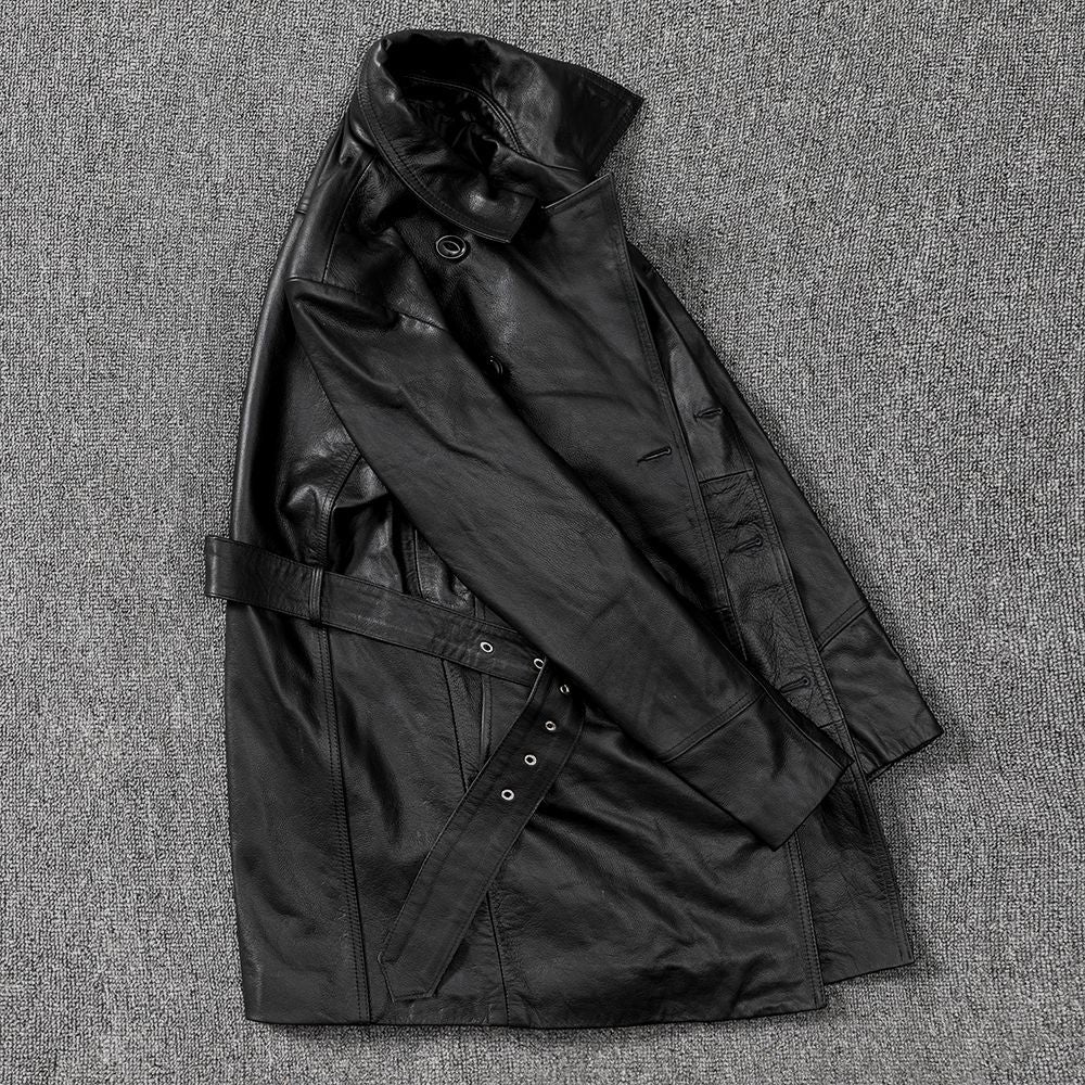 Men mid-length leather trench coat jacket