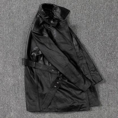 Men mid-length leather trench coat jacket