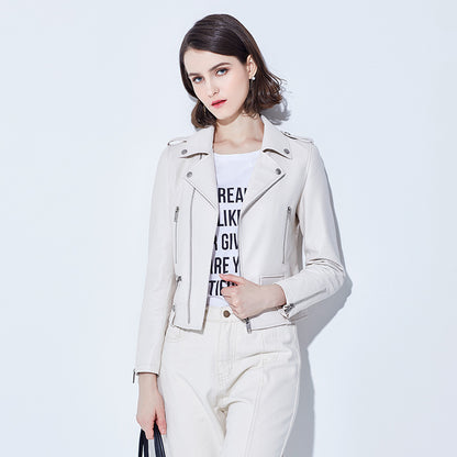 Petite slim fit sheepskin biker jacket