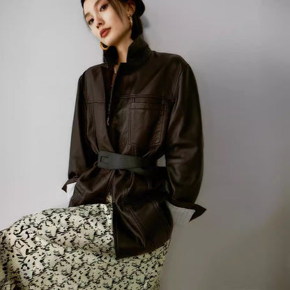Brown sheepskin women leather blazer coat