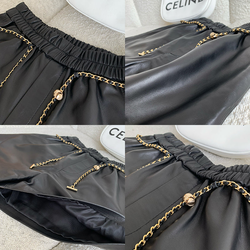 Genuine sheepskin wide leg women leather shorts