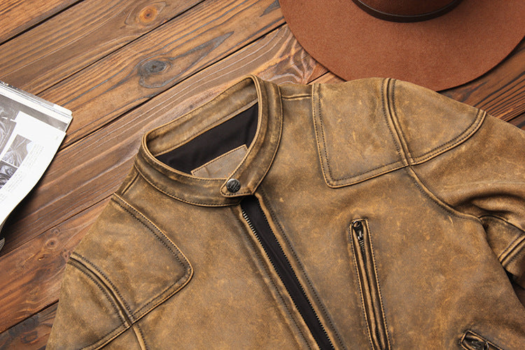 American retro distressed leather jacket