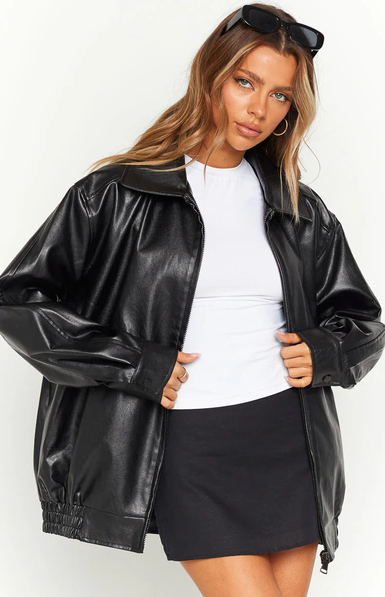 Women's Oversized Black Faux Leather Bomber Jacket