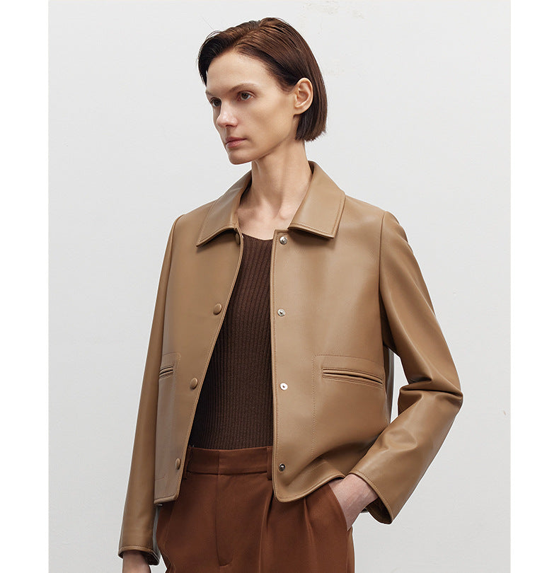 Womens beige brown slim fit cropped leather jacket