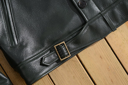 Men Green Tumbled Cowhide Military Leather Jacket