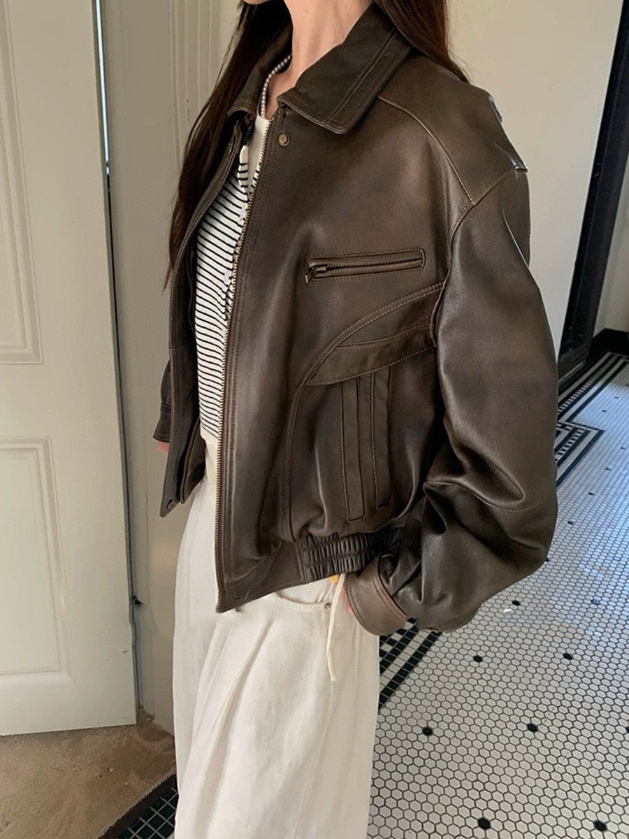 Women Oversized Brown Leather Moto Jacket