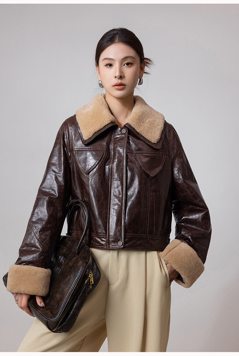 Women shearling collar oil-waxed down leather jacket