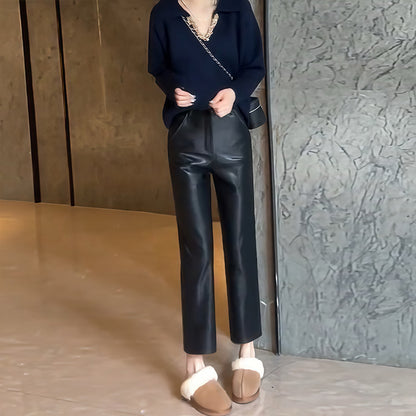 Women black high waisted faux leather pants