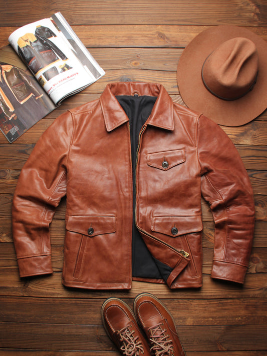 Retro style slim fit leather jacket